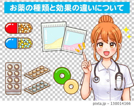 動漫風格插畫素材4,描繪了一位護理師講解各種藥物的情景 動漫風格插畫素材4,描繪了一位護理師講解各種藥物的情景 138014166