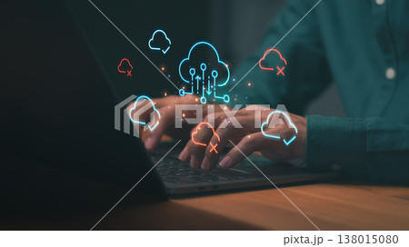 Man using laptop for cloud computing data backup and storage. Digital technology networking, software synchronization, and internet security for business. Man using laptop for cloud computing data backup and storage. Digital technology networking, software synchronization, and internet security for business. 138015080
