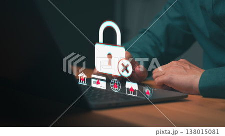 Man using laptop facing cyber security data breach. Internet safety, fraud, scam, and technology hacker issues. Business privacy protection and credit card account error. Man using laptop facing cyber security data breach. Internet safety, fraud, scam, and technology hacker issues. Business privacy protection and credit card account error. 138015081