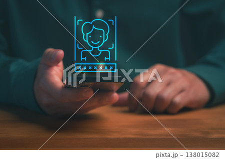 Man using facial recognition on smartphone for biometric security. Digital identity authentication, face ID technology, and mobile privacy protection. Man using facial recognition on smartphone for biometric security. Digital identity authentication, face ID technology, and mobile privacy protection. 138015082