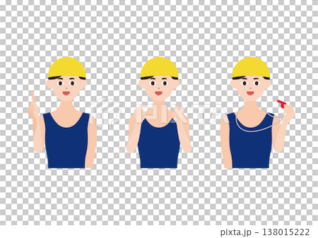 A set of three vector illustrations of a swimming coach in a yellow cap in different poses. A set of three vector illustrations of a swimming coach in a yellow cap in different poses. 138015222