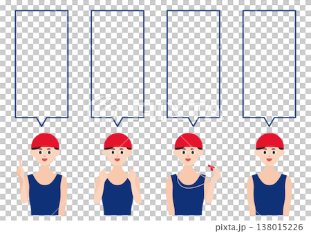 一組向量插圖，其中包含戴著紅色泳帽的游泳教練和運動員的對話氣泡（垂直文字）。 138015226