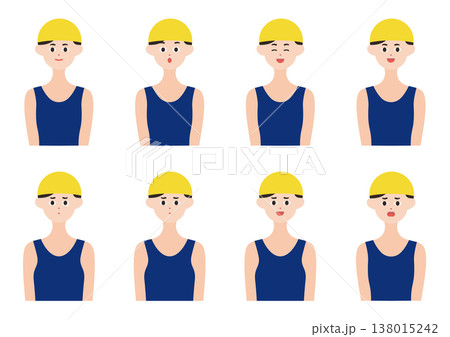 黄色帽子の水泳コーチ・選手の表情8種類ベクターイラスト素材セット 138015242