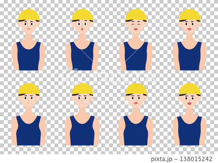 黄色帽子の水泳コーチ・選手の表情8種類ベクターイラスト素材セット 138015242
