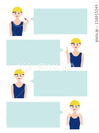 黄色帽子の水泳コーチ・選手の吹き出し8種類ベクターイラスト素材セット 138015243