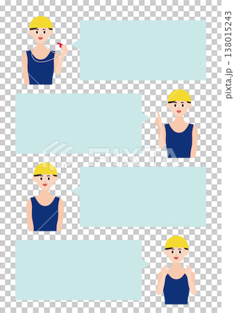 黄色帽子の水泳コーチ・選手の吹き出し8種類ベクターイラスト素材セット 138015243