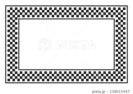 Rectangle photo frame with checkered black and white print. Rectangular vignette with taxi or police car, rally flag or chessboard texture isolated on white background. Vector graphic illistration 138015447