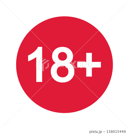 Eighteen plus sticker. Number 18 in red circle isolated on white background. Age censor sign. Movie viewing, website visiting, adult only or alcohol limit label. Vector flat illustration Eighteen plus sticker. Number 18 in red circle isolated on white background. Age censor sign. Movie viewing, website visiting, adult only or alcohol limit label. Vector flat illustration 138015449