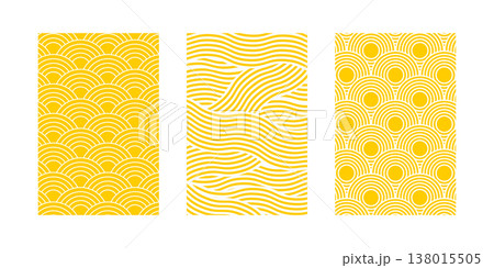 Set of vertical posters with pasta, ramen, spaghetti or noodle textures for Italian or Japanese cuisine restaurant or cafe decoration. Background with round and curvy intersecting yellow lines print 138015505