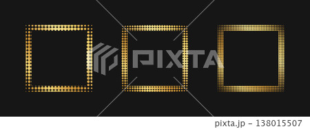 Set of golden square frames with faded polka dot borders. Gold quadrangular shapes with dotted, confetti or gritty texture isolated on black background. Luxury design elements. Vector illustration 138015507