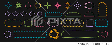 Set of colorful geometric forms with curvy edges on black background. Simple cute shapes with wavy borders. Empty neon signboards, web banners, tag or labels. Vector illustration Set of colorful geometric forms with curvy edges on black background. Simple cute shapes with wavy borders. Empty neon signboards, web banners, tag or labels. Vector illustration 138015517