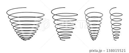 Set of curled lines. Funnel coil spring shapes isolated on white background. Flexible wire spirals. Vector graphic illustration 138015521