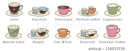 Types of coffee, color retro icon set, colorful vintage signs, vector cliparts. Latte, Espresso, Americano, Turkish coffee, Cappuccino, Matcha Latte, Doppio, Flat White, Ristretto, Viennese Coffee 138015550