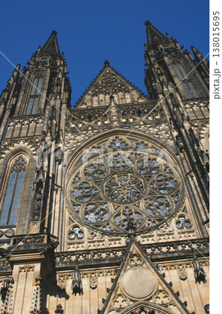 Gothic facade and rose window of St. Vitus Cathedral in Prague Gothic facade and rose window of St. Vitus Cathedral in Prague 138015695