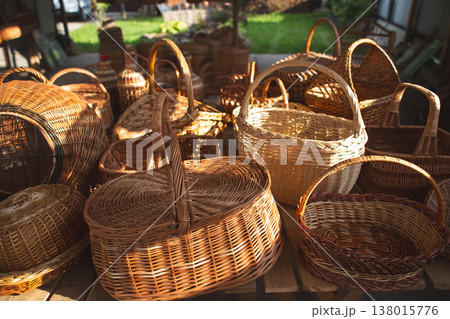Handcrafted wicker baskets at an outdoor artisan market 138015776