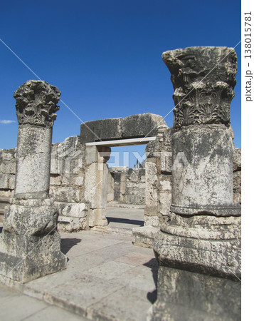 Ancient limestone columns and ruins of the Capernaum Synagogue 138015781