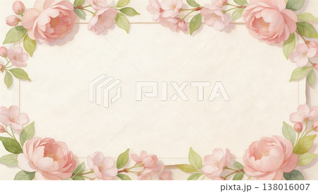 水彩風のピンクの桜と花のフレーム背景 コピースペース 138016007