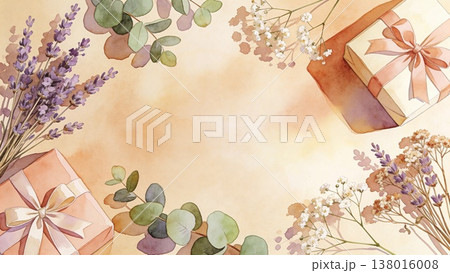 ラベンダーとギフトボックスの水彩風背景イラスト 138016008