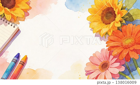 ひまわりとガーベラ、ノートとクレヨンの水彩風背 138016009