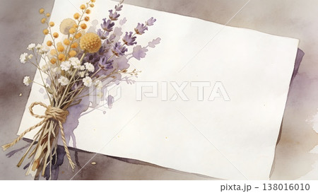 ミモザとラベンダーの花束と手紙の水彩イラスト背景 138016010