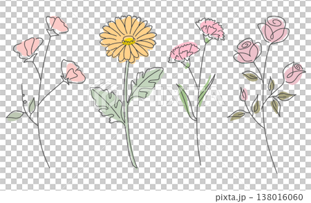 Hand-drawn style flowers in natural colors - botanical material 138016060