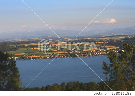 Panoramic view of Lake Murten from Mount Mont Vully 138016188