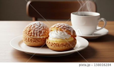 シズル感あふれるシュークリームのスタジオ撮影風 とろけるダブルクリーム 高級スイーツ広告用 コピース 138016284