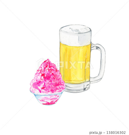 夏の涼を感じるビールジョッキとかき氷（いちご）の水彩イラスト 138016302