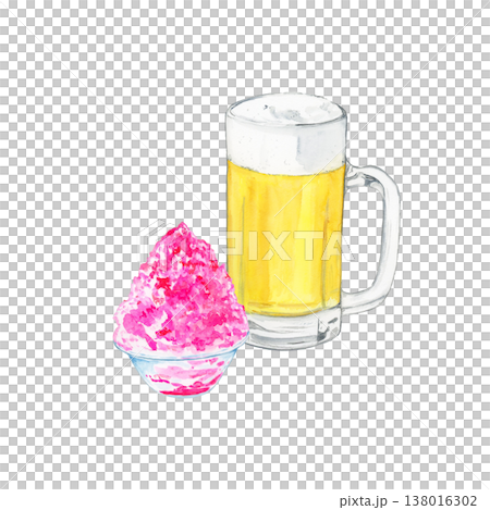 夏の涼を感じるビールジョッキとかき氷（いちご）の水彩イラスト 138016302