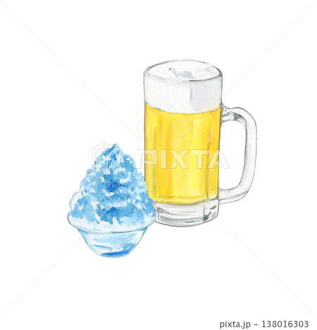 夏の涼を感じるビールジョッキとかき氷（ブルーハワイ）の水彩イラスト 138016303