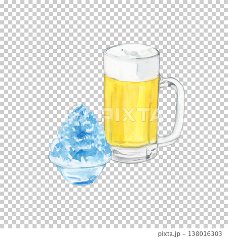 夏の涼を感じるビールジョッキとかき氷（ブルーハワイ）の水彩イラスト 138016303