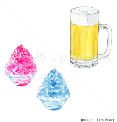 夏のビールジョッキといちご・ブルーハワイのかき氷セット 水彩イラスト 夏のビールジョッキといちご・ブルーハワイのかき氷セット 水彩イラスト 138016304