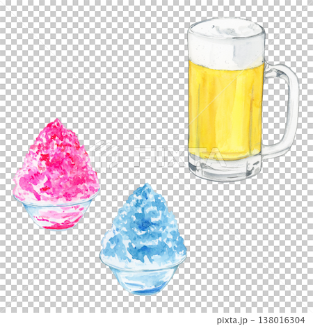 夏のビールジョッキといちご・ブルーハワイのかき氷セット 水彩イラスト 夏のビールジョッキといちご・ブルーハワイのかき氷セット 水彩イラスト 138016304