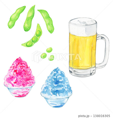 夏のビールジョッキと枝豆・いちごとブルーハワイのかき氷セット 水彩イラスト 夏のビールジョッキと枝豆・いちごとブルーハワイのかき氷セット 水彩イラスト 138016305