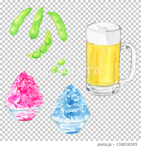 夏のビールジョッキと枝豆・いちごとブルーハワイのかき氷セット 水彩イラスト 夏のビールジョッキと枝豆・いちごとブルーハワイのかき氷セット 水彩イラスト 138016305