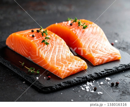 Salmon slices sashimi with thyme on a rustic slate platter against a dark backdrop Salmon slices sashimi with thyme on a rustic slate platter against a dark backdrop 138016316
