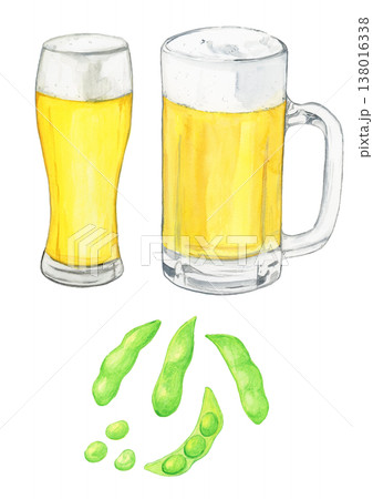 枝豆とジョッキ・グラスビールの夏の晩酌セット 水彩イラスト 138016338