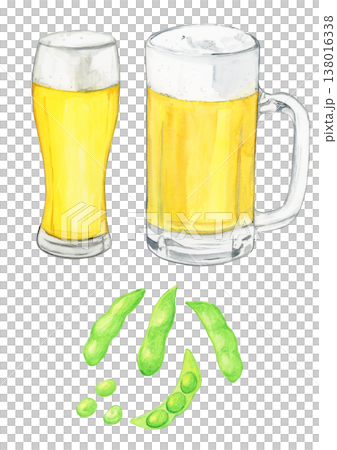 毛豆與一杯啤酒：夏日夜晚的飲品組合（水彩插畫） 138016338