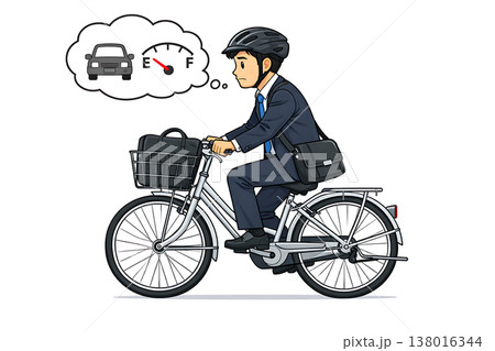 ガソリン不足により自転車で通勤する男性 138016344