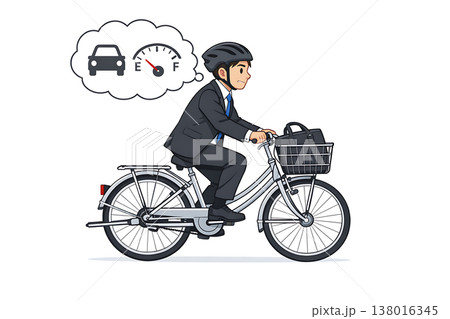 ガソリン不足により自転車で通勤する男性 138016345