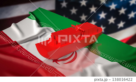 Red Cargo Container Ship Over Iran And United States Flags Trade Concept 3d render. Red Cargo Container Ship Over Iran And United States Flags Trade Concept 3d render. 138016422
