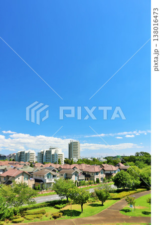 青空の街並み　新興住宅街と公園の風景 138016473