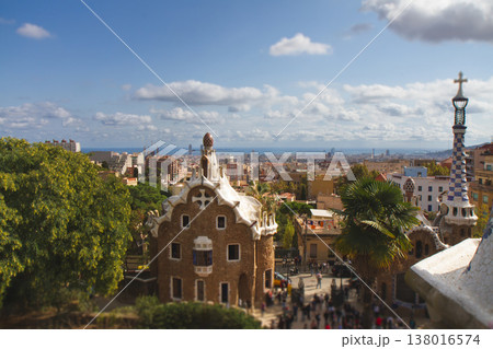 Entrance pavilions of Park Guell and Barcelona city view Entrance pavilions of Park Guell and Barcelona city view 138016574
