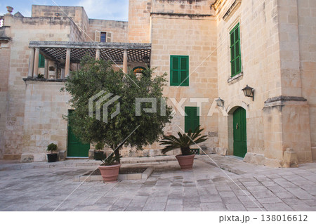 Limestone courtyard in Mdina with green doors and olive tree 138016612