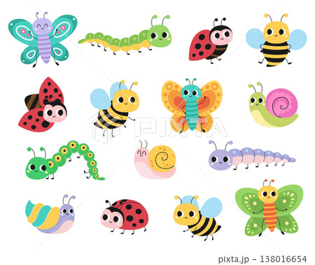 Funny insects. Set of cute little cartoon characters. Vector illustration isolated on a white background Funny insects. Set of cute little cartoon characters. Vector illustration isolated on a white background 138016654