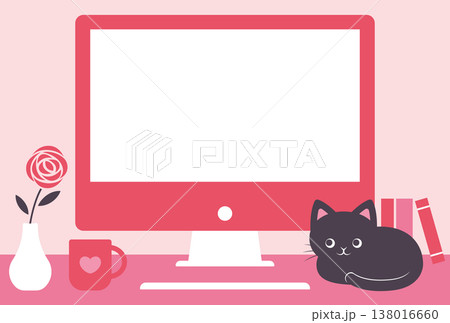 パソコンの前でお座りしている黒猫の背景イラスト 138016660