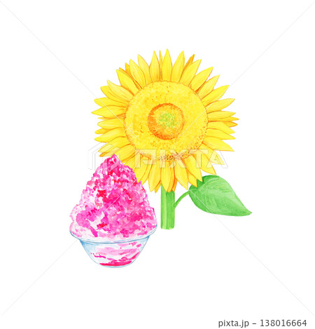 ひまわりといちごのかき氷の夏の水彩イラスト 138016664
