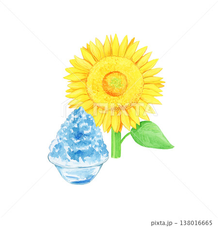 ひまわりとブルーハワイのかき氷の夏の水彩イラスト 138016665