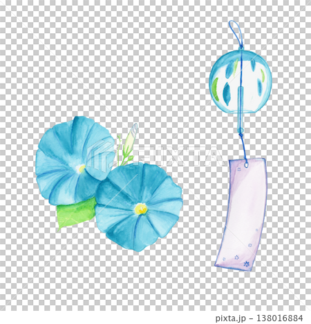一套充滿夏日氣息的日式水彩插畫，描繪了兩朵淺藍色的牽牛花和一個淺藍色的風鈴。 138016884