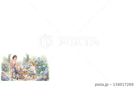 紫陽花の庭で笑顔の高齢女性と介護士・家族の優しい介護シーン(車椅子・初夏) 紫陽花の庭で笑顔の高齢女性と介護士・家族の優しい介護シーン(車椅子・初夏) 138017269